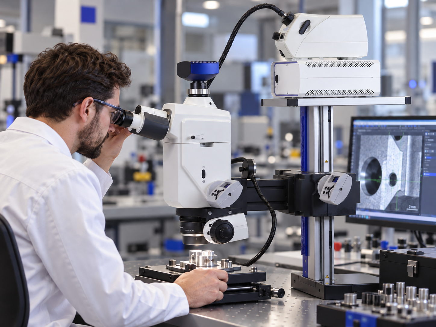 Pesquisador utilizando sistema óptico em laboratório